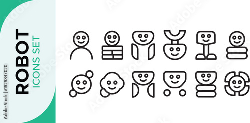 Robot Icon Set,  Robotics Line Art Icon Set – AI, Automation, and Futuristic Technology Outline Symbols Bot AI icon set robot assistant virtual smart character bubble logo 