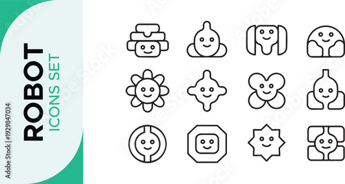 Robot Icon Set,  Robotics Line Art Icon Set – AI, Automation, and Futuristic Technology Outline Symbols Bot AI icon set robot assistant virtual smart character bubble logo 