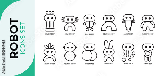Robot Icon Set,  Robotics Line Art Icon Set – AI, Automation, and Futuristic Technology Outline Symbols Bot AI icon set robot assistant virtual smart character bubble logo 