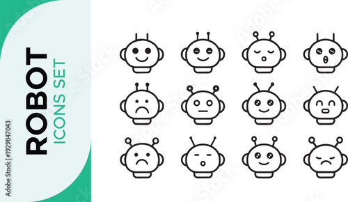 Robot Icon Set,  Robotics Line Art Icon Set – AI, Automation, and Futuristic Technology Outline Symbols Bot AI icon set robot assistant virtual smart character bubble logo 