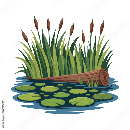 A serene pond scene with cattails and a log surrounded by lily pads and water plants.