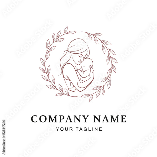 Mother holding baby in a minimalist line art illustration surrounded by leaves.