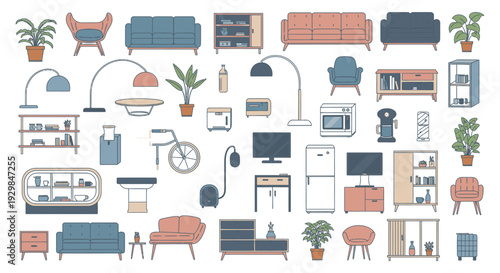 home furnishings and interior design elements flat style