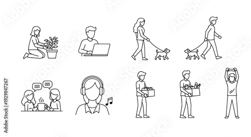 people working living lifestyle activities icons set