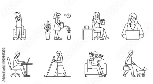 people doing daily activities at home with family and pets