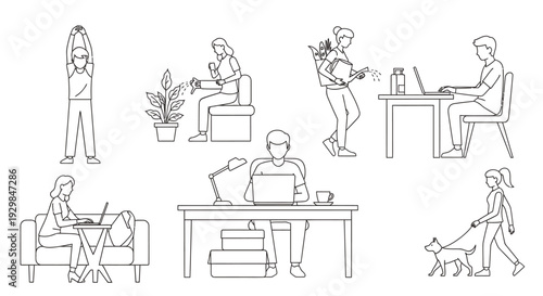 people working remotely from home office or outdoors with pets