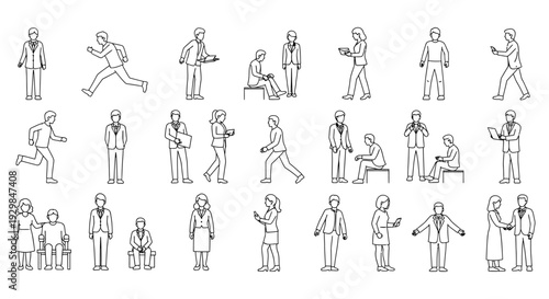 business people icons set line drawings various actions office workers