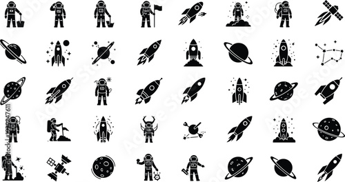 Black icons of astronauts, rockets, and planets in space