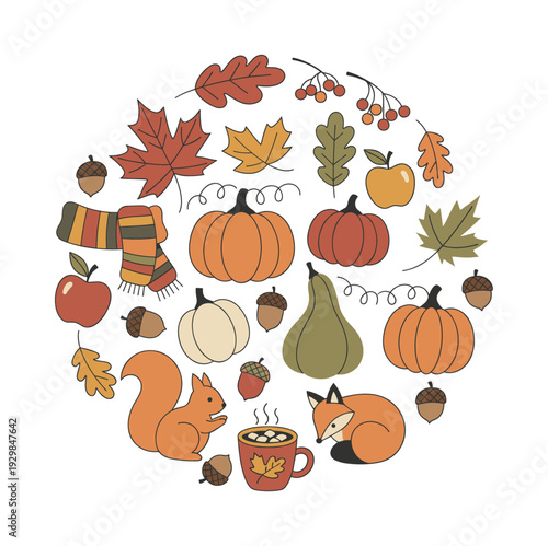 Autumn themed flat vector illustration creating a circular frame with fall elements, forest animals, and warm drinks