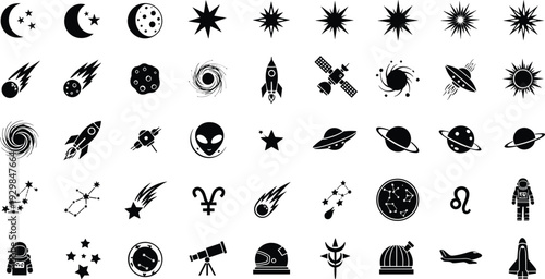 Black icons of celestial objects and space exploration