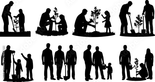 Silhouette of people planting trees various poses set collection. Family gardening and planting trees outdoor different poses silhouette set.
