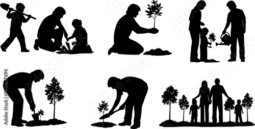 Silhouette of people planting trees various poses set collection. Family gardening and planting trees outdoor different poses silhouette set.

