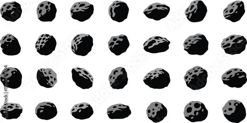 Collection of black and gray asteroids on white background