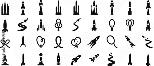 Collection of black rocket ship icons on white background