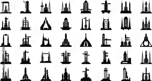 Collection of modern rocket launch silhouettes for space industry
