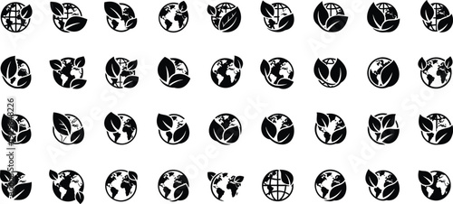 Eco friendly globe icons with leaves for sustainable business and environmental concepts