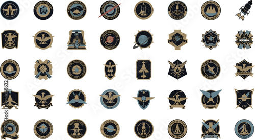 Golden space badges with futuristic designs and text