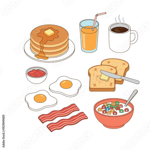 Assortment of classic breakfast foods, ideal for illustrating morning meals, menus, or healthy eating themes