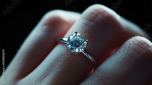 Close up of an elegant engagement diamond ring on woman finger. love and wedding concept. Diamond ring on young lady's hand on dark background.