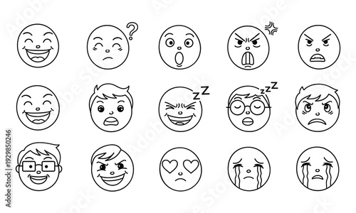 A collection of 15 emoticon faces with various expressions and emotions