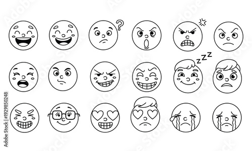 Collection of 20 distinct cartoon faces with various emotions