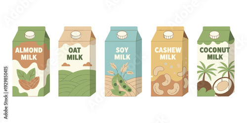 Various plant-based milk cartons presenting healthy and vegan dairy-free options for a balanced diet and sustainable lifestyle