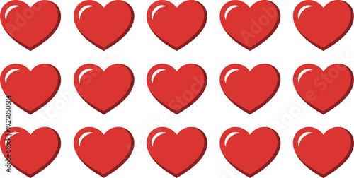 Fifteen Red Hearts Arranged in Three Rows on a White Background  