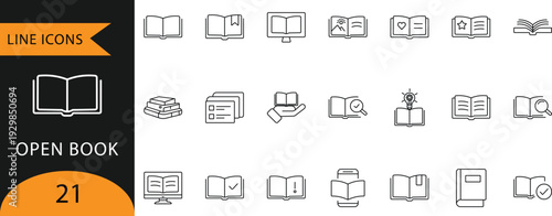 Open Book Line Icons Set for Education, E-learning, and Digital Reading Concepts

