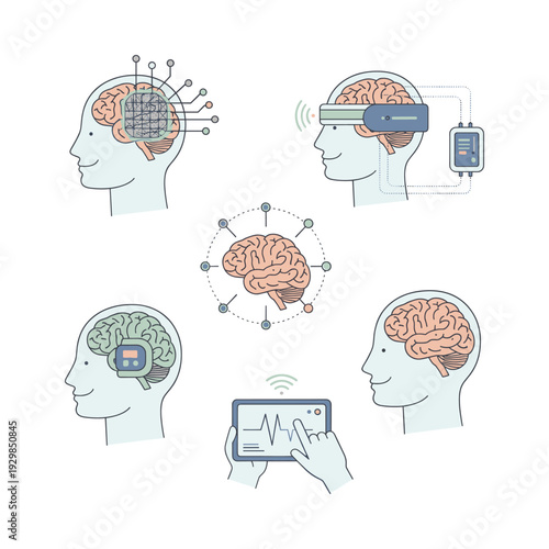 Human heads with various brain computer interface concepts, illustrating neural links, cybernetics, and medical technology