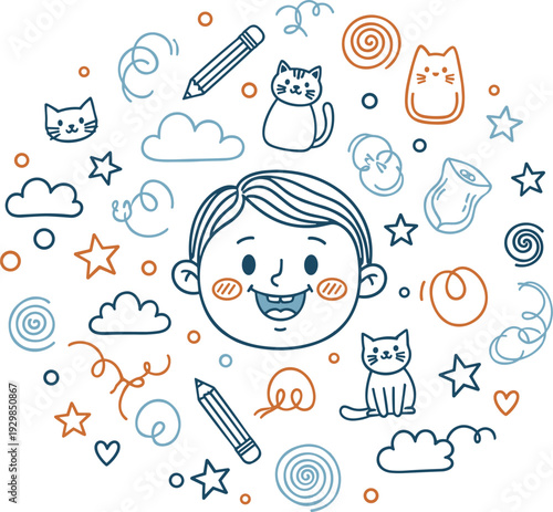 A cheerful cartoon boy surrounded by whimsical icons and symbols