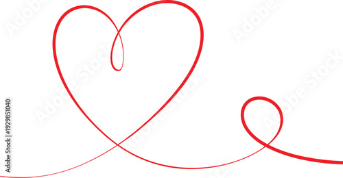 Red Heart Shape Drawn with Continuous Line on White Background 