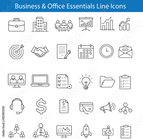 Business and Office Essentials Thin Line Vector Icons Set 