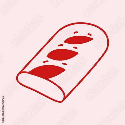 Cute hand drawn cutted loaf in Mediterranean style isolated on pastel pink background. Modern outline pastry for breakfast, cafe, bakery, packaging, posters, etc.
