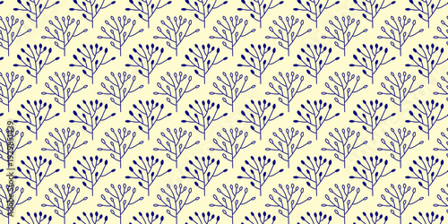 Lovely seamless pattern with cute hand drawn blue line leafy twigs on beige backdrop. Natural background in Mediterranean style. Perfect for clothing, wrapping paper, wallpapers, textile, packaging.