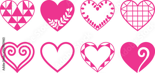 Eight Pink Heart Shapes With Various Decorative Patterns And Outlines  