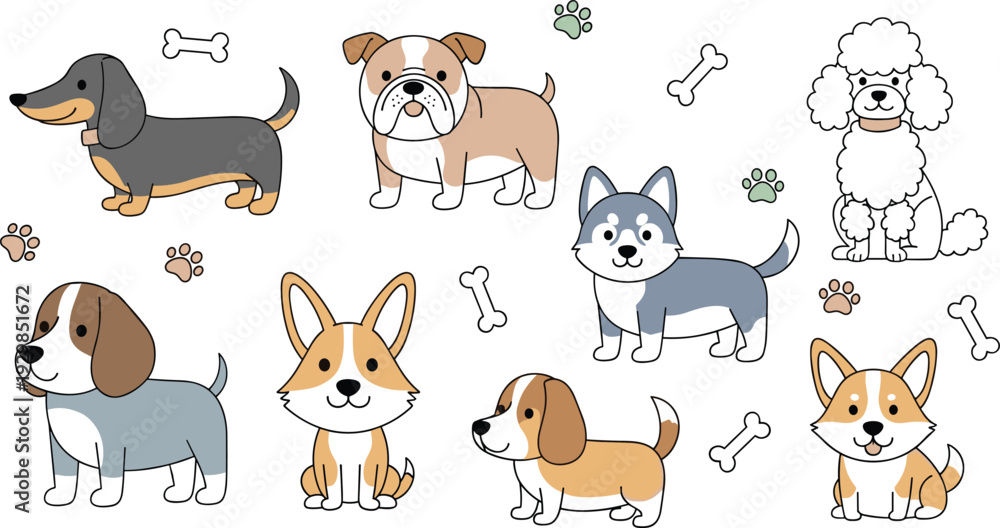 Fototapeta premium Colorful illustration of various dog breeds