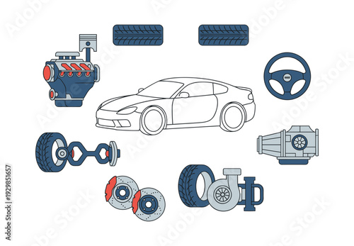 Automotive components collection with outline car, featuring engine, suspension, tire, brake, turbo, steering wheel, and gearbox