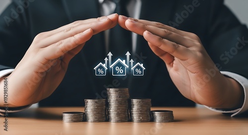 Hands protecting stacks of coins with growing house and percentage symbols sheltering