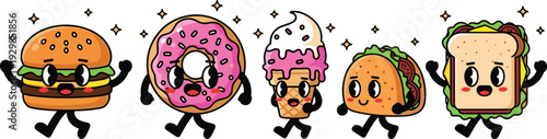 Cartoon fast food characters with happy faces