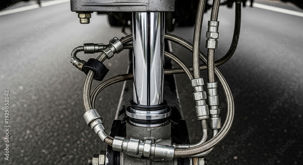 Obraz premium A close-up of a sophisticated hydraulic shock absorber and brake lines of an aircraft landing gear system