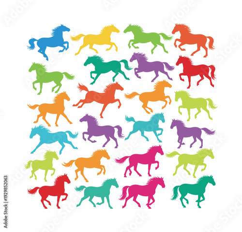Many colorful horses in various poses and bold shades forming a decorative equine pattern, symbolizing freedom, energy, and motion