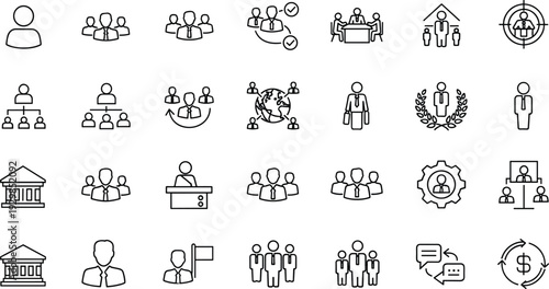 Professional business management and leadership line icons set featuring corporate teamwork human resources organizational structure global networking office hierarchy and company symbols