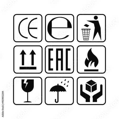 Set of warning and instruction symbols for handling and safety precautions