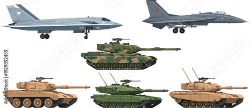 Modern military vehicles vector illustration set with fighter jets and battle tanks armored combat equipment army defense technology isolated on white background