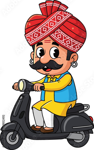 Cute Indian man riding scooter cartoon vector illustration with traditional turban moustache character fun transportation design isolated on white background