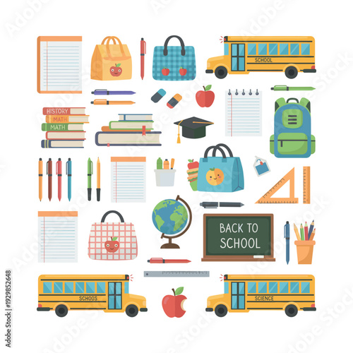 School supplies and education objects for students, including textbooks, lunch bags, erasers, pens, pencils, and globe, flat lay design