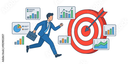 Business person running with a briefcase towards a target, achieving success with data analytics and strategic planning