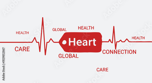 Global health care concept with heart symbol and ecg line on white background