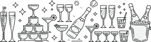 Champagne, glasses, celebration, party, drink, alcohol, toast, bottle, cocktail, festive, outline, illustration, bar, beverage, luxury, event, vector, collection, design, set