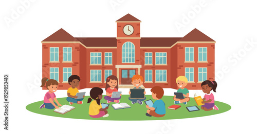 School children of various ethnicities sitting on grass in front of a school building, reading books and using digital tablets for learning